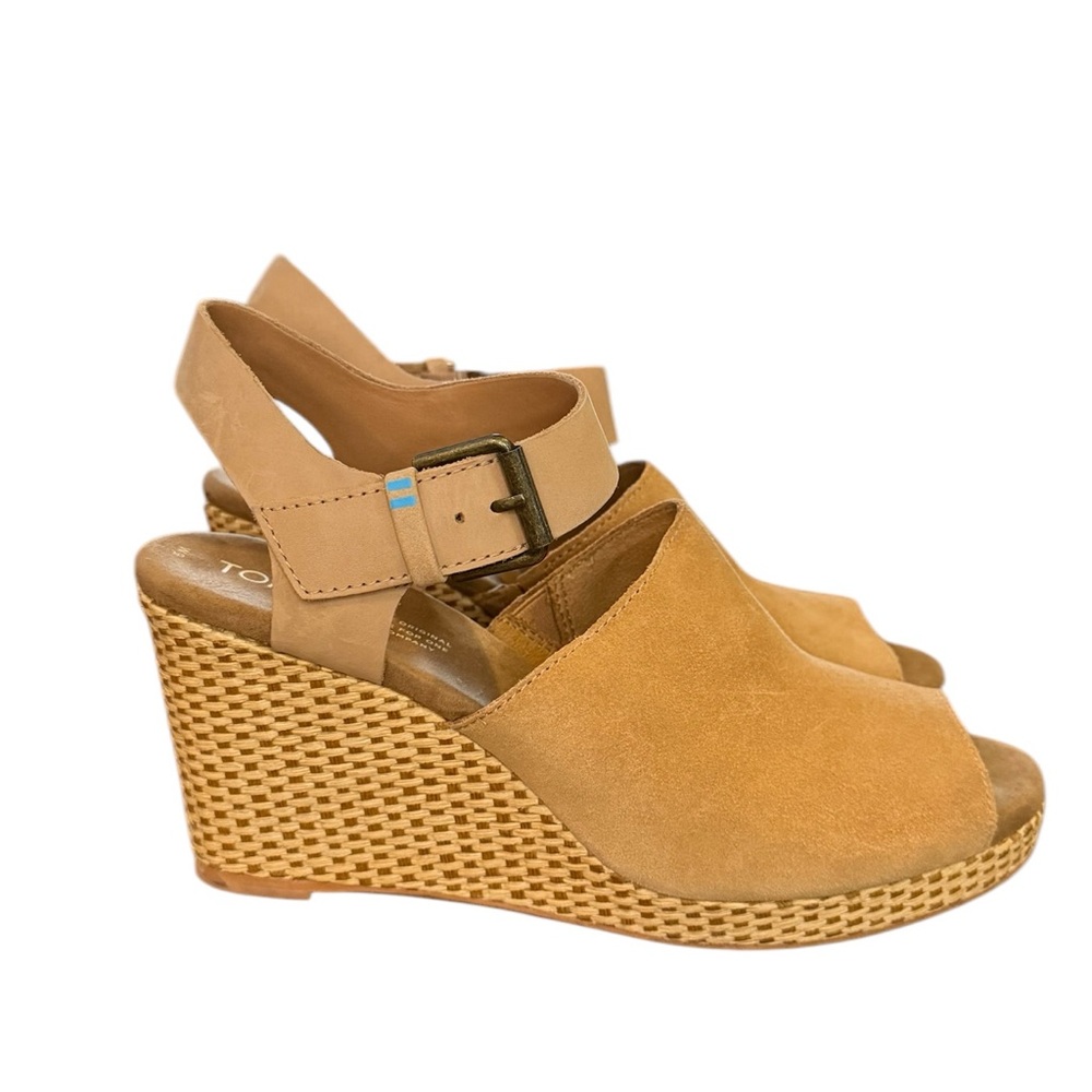 Toms Tropez Tan Suede Leather Wedge Sandals with Ankle Strap Size 9